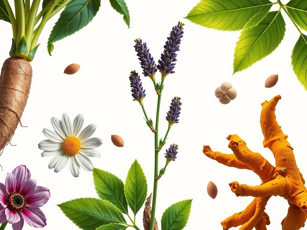 Botanical illustration of various medicinal herbs