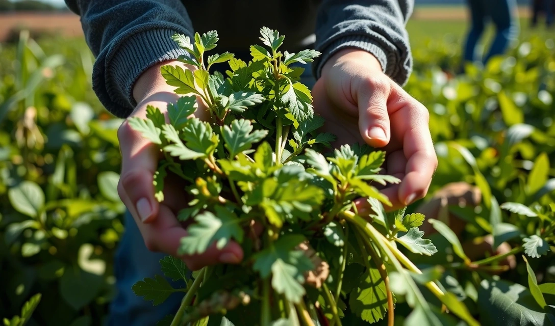 Hands carefully harvesting herbs in a sunlit field