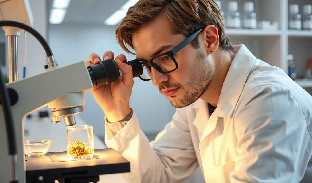 Scientist examining a herbal extract under a microscope