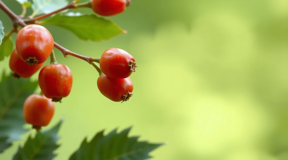 Close-up of vibrant rosehip berries on a branch with soft green background