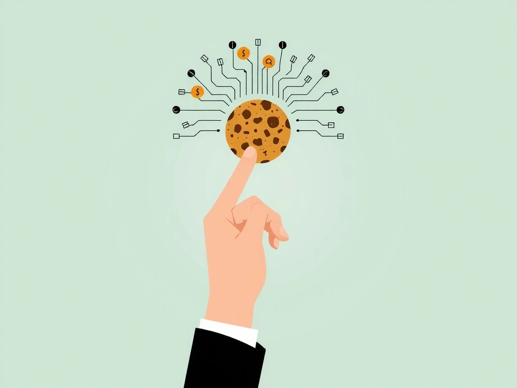 Illustration of a hand holding a cookie with digital data flowing around it, representing web cookies and privacy