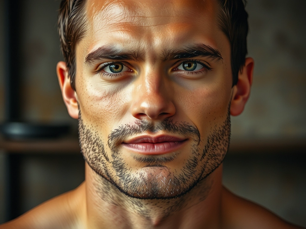 A close-up of a strong, healthy man with a serene expression, symbolizing men's vitality and health, in a natural setting.