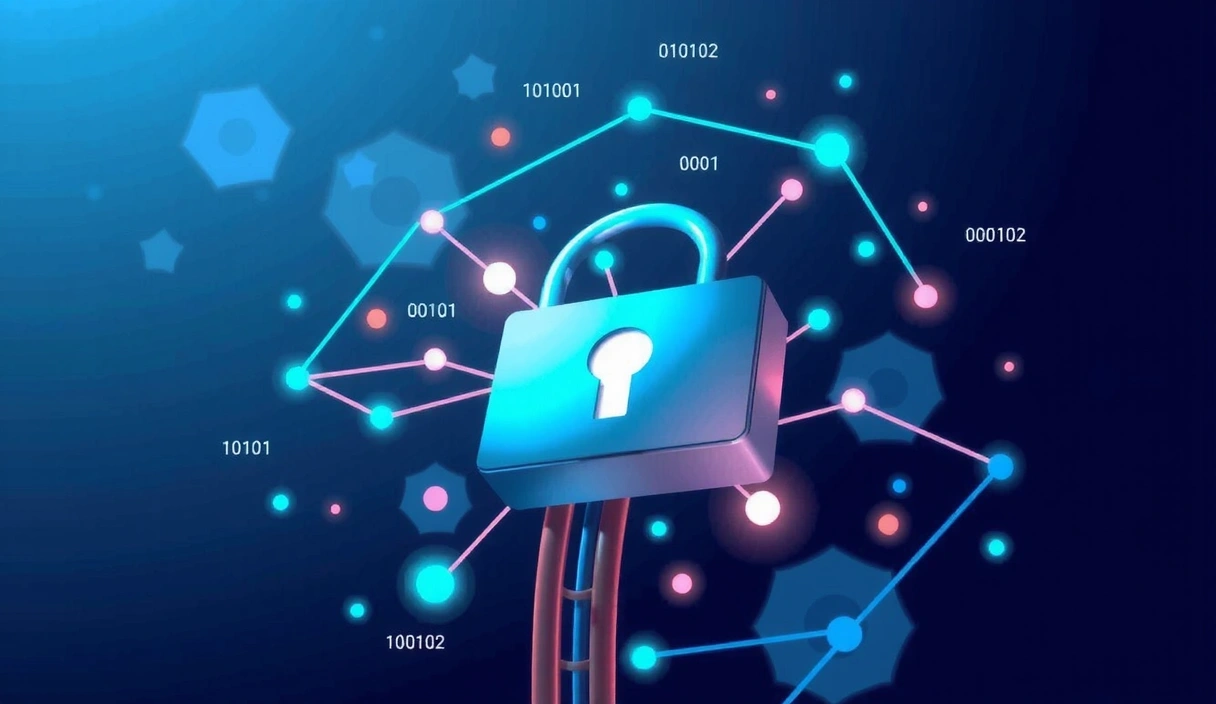 Secure data processing illustration with lock icon and digital elements